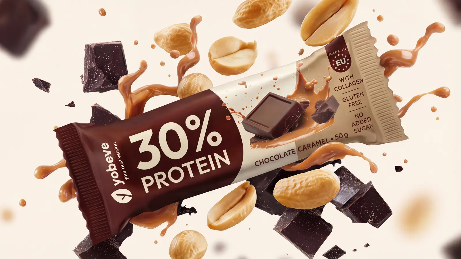 Thanh protein yobeve vị chocolate caramel với gợi ý thành phần để đọc nhãn