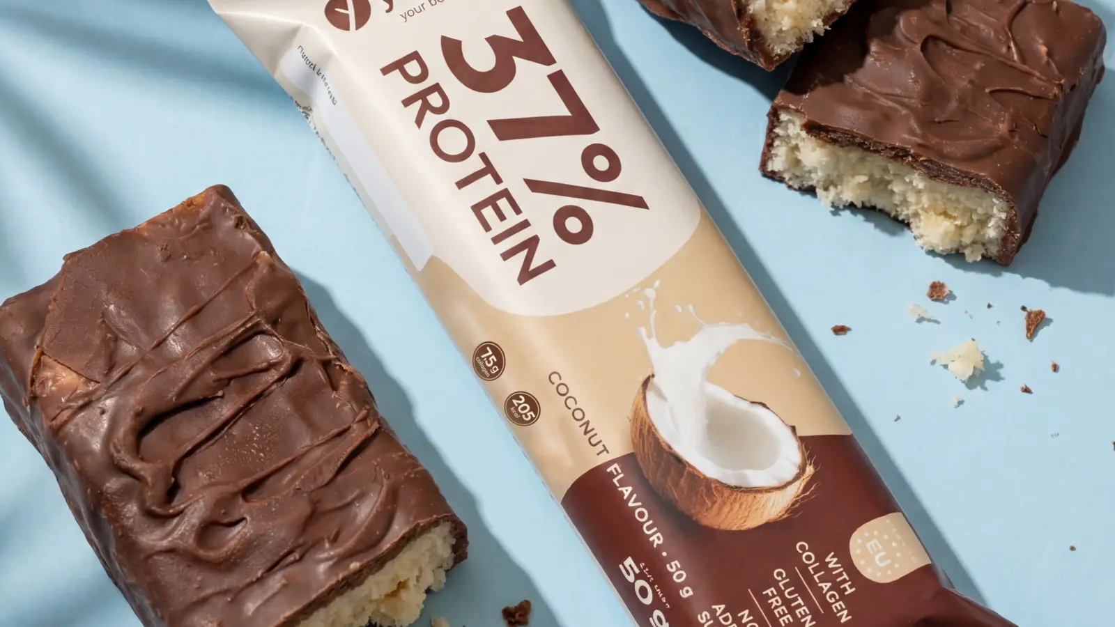 yobeve chocolate caramel and coconut protein bars with visible protein percentages