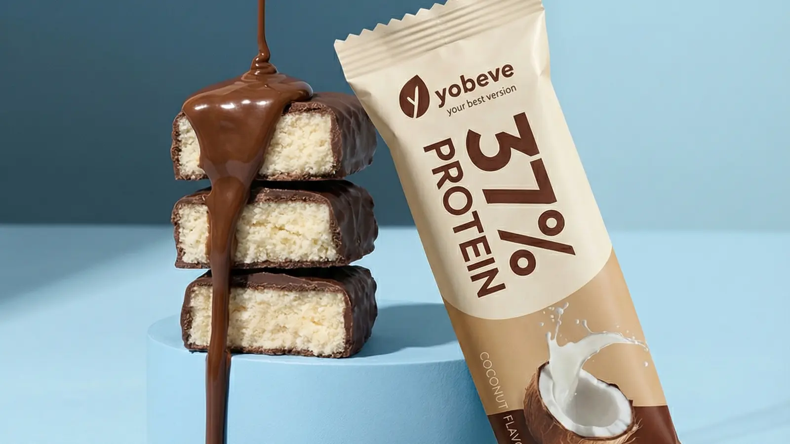 coconut yobeve protein bar with chocolate coating as an alternative protein format
